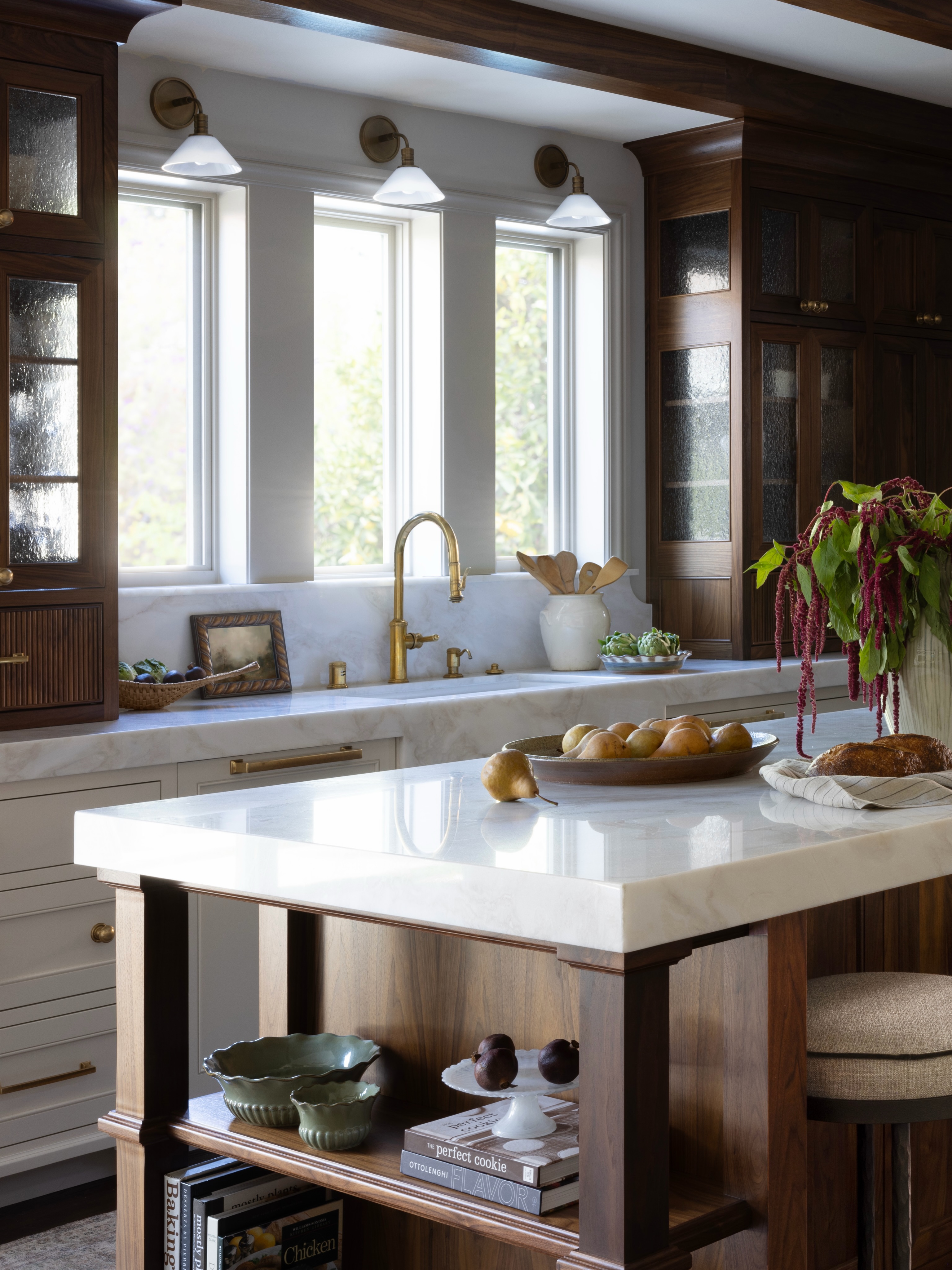 SW Custom Cabinets project photo, walnut kitchen with brass fixtures